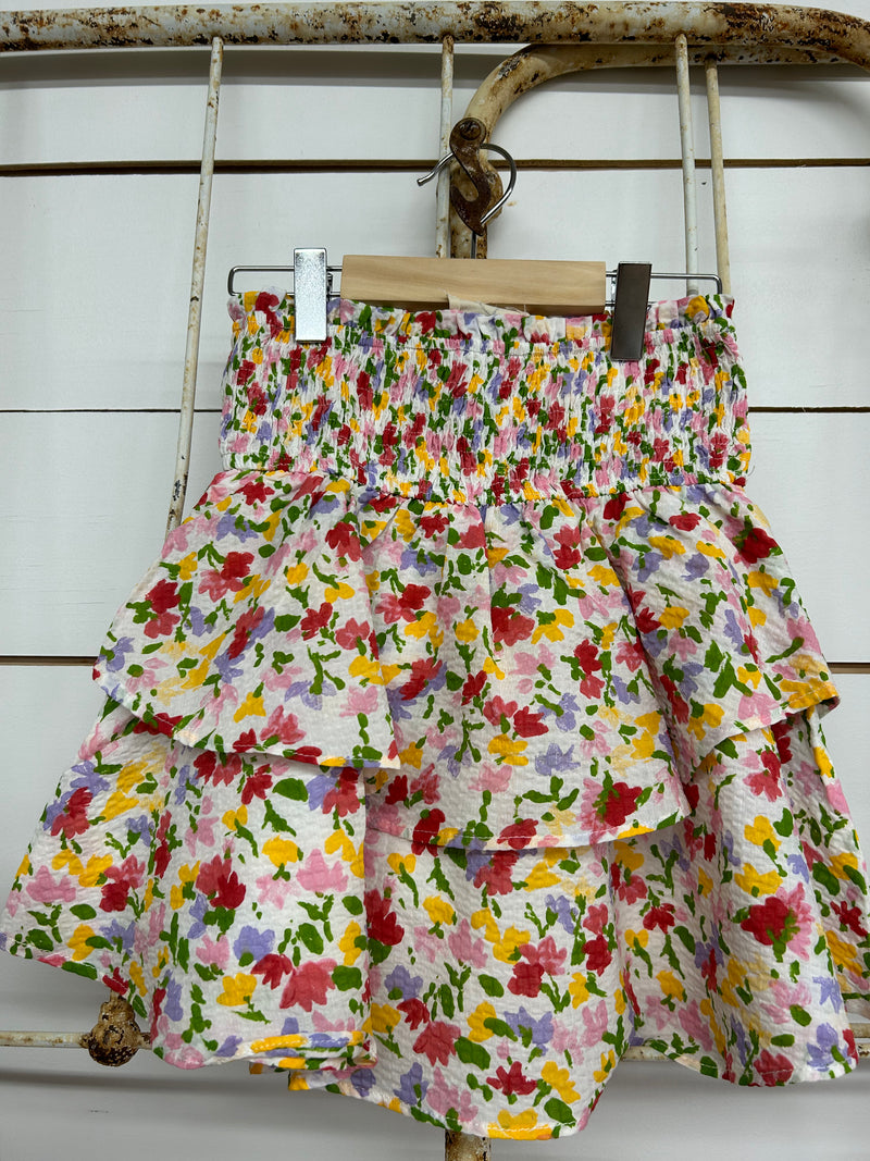 Red, Pink Yellow Floral Tiered Skirt