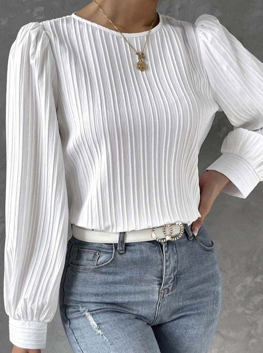 White Ribbed Crewneck Puff Sleeve Top