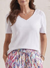 S/S V NECK TOP W/LACE DETAIL-WHITE