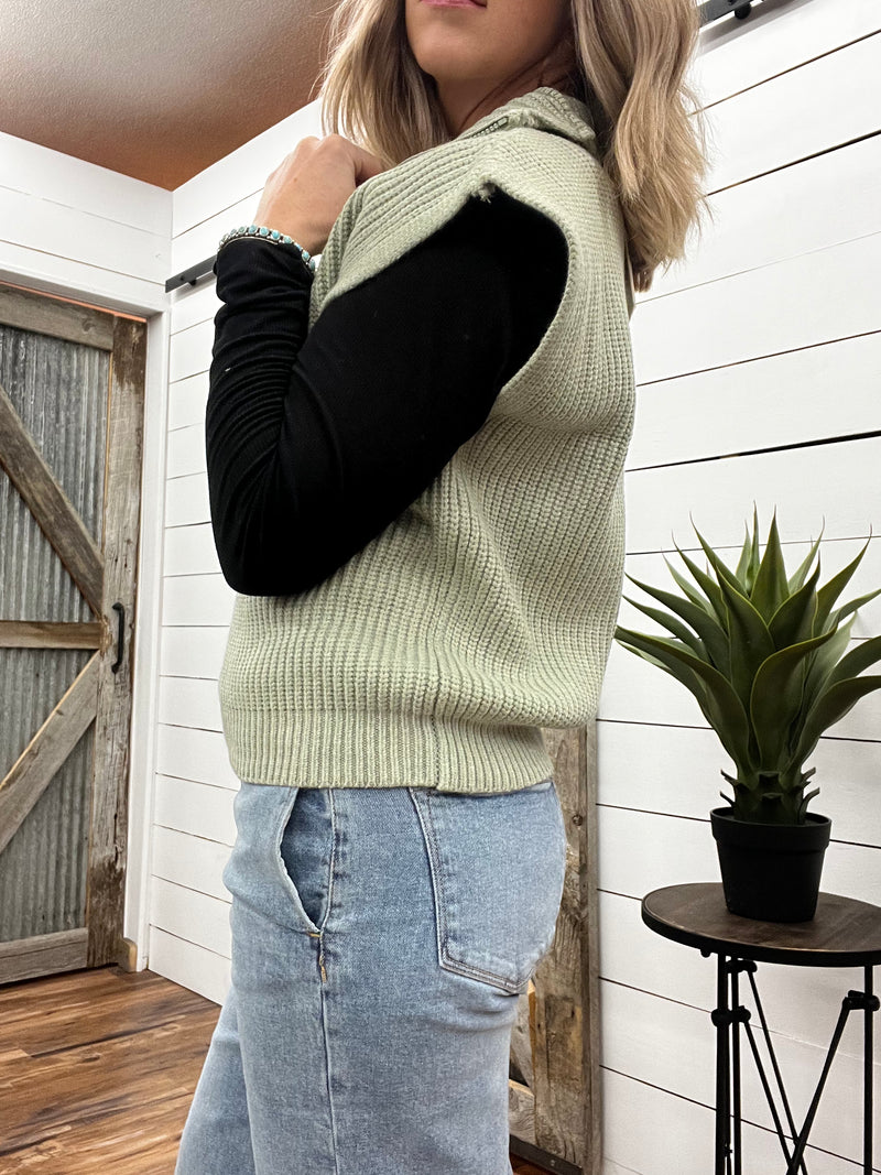 Sage Sleeveless 3/4 Zip Turteneck Sweater