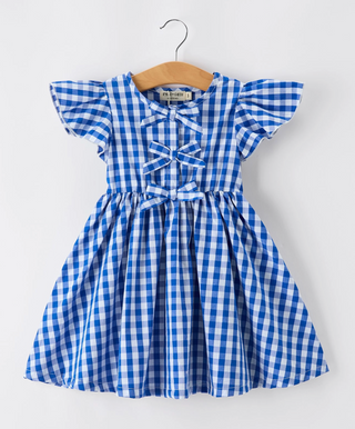 Girls Blue Gingham Bow Dress