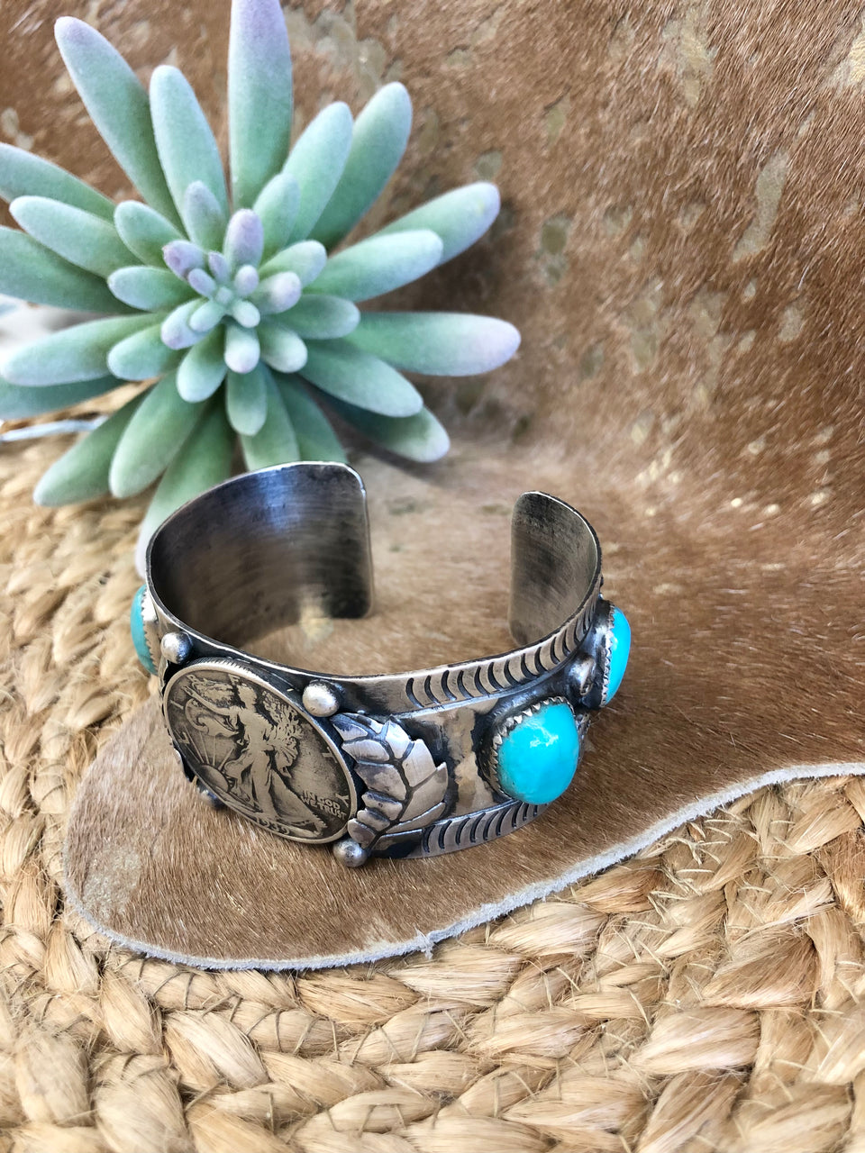 Double Concho + Speckled Turquoise Stone Cuff Bracelet