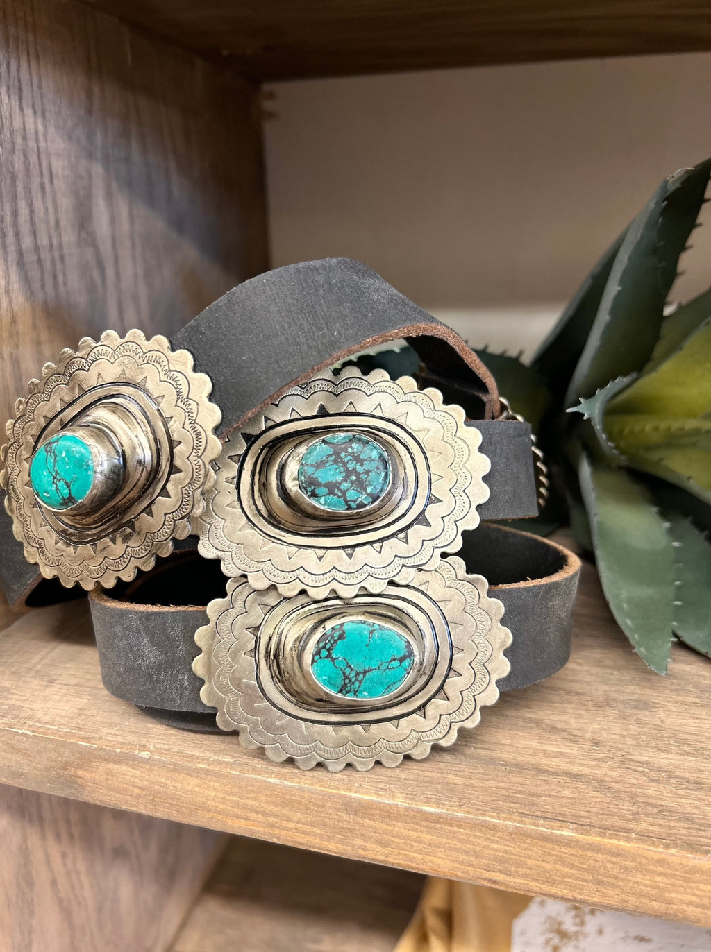 Silver Concho with Turquoise Stone 51" Brown Leather Belt