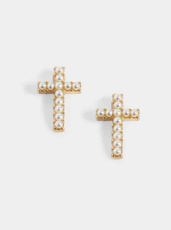 Small Gold Cross & Pearls Stud Earrings