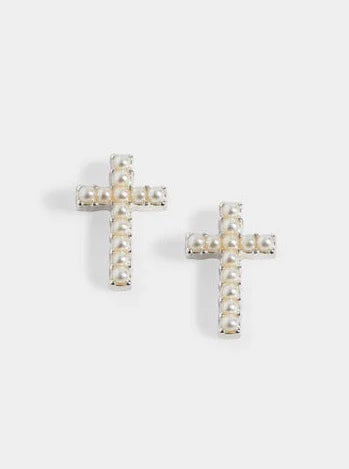 Small Silver Cross & Pearls Stud Earrings