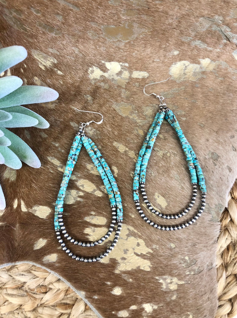 Stacked Turquoise Saucer and Navajo Pearl Teardrop Earring