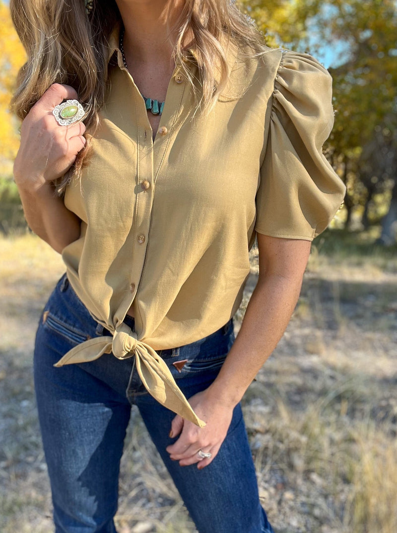 Taupe Puff Sleeve Button Down With Tie Front