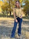 Taupe Puff Sleeve Button Down With Tie Front