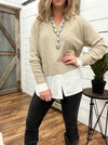 Taupe V-Neck Sweater with Collar Shirt Illusion