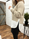 Taupe V-Neck Sweater with Collar Shirt Illusion