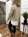 Taupe V-Neck Sweater with Collar Shirt Illusion
