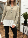 Taupe V-Neck Sweater with Collar Shirt Illusion