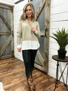 Taupe V-Neck Sweater with Collar Shirt Illusion