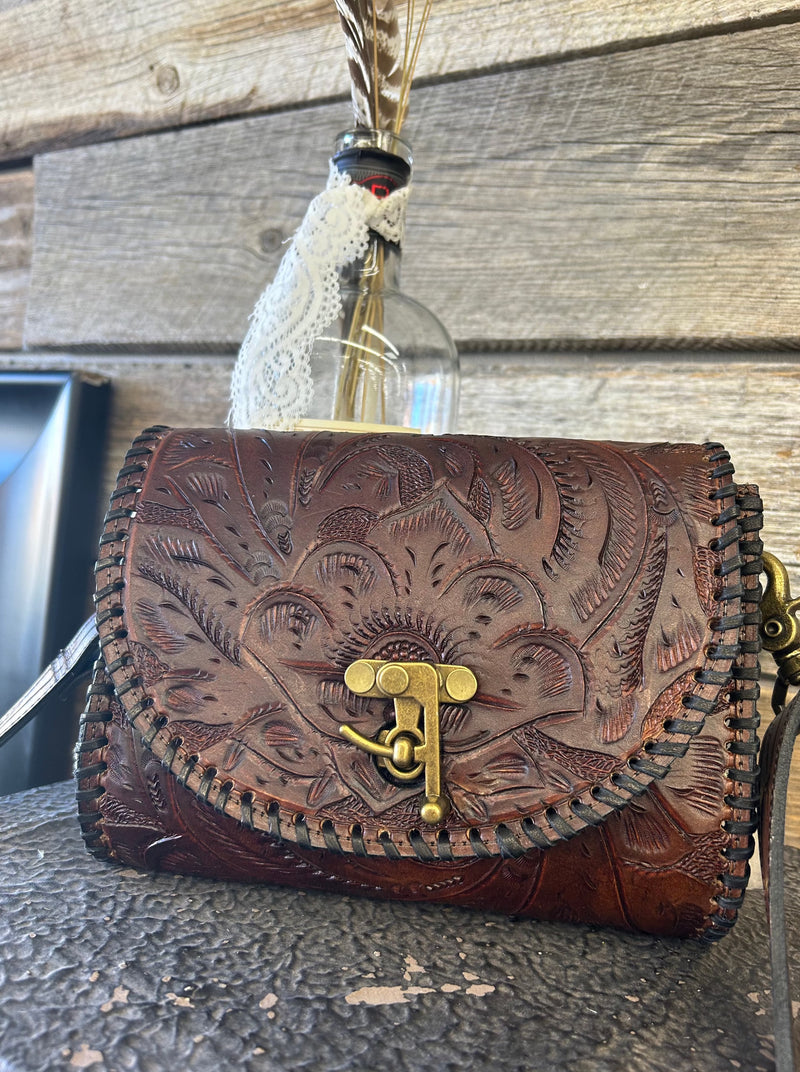 Tooled Brown Crossbody with Black Whipstitch