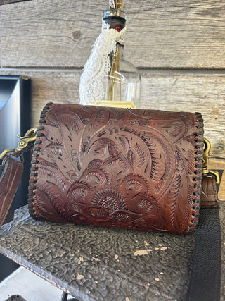 Tooled Brown Crossbody with Black Whipstitch