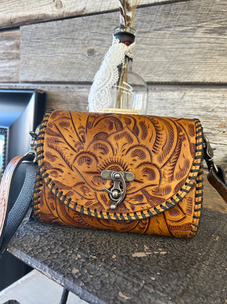 Tooled Saddle Tan Crossbody with Black Whipstitch