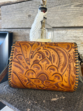 Tooled Saddle Tan Crossbody with Black Whipstitch