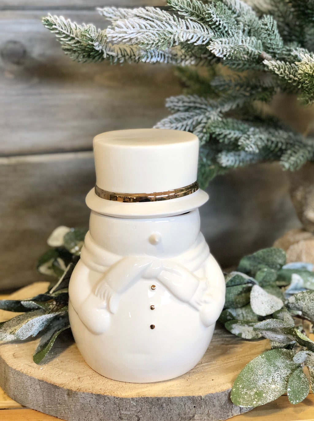 Top Hat Stoneware Snowman Cookie Jar with Gold Electroplating