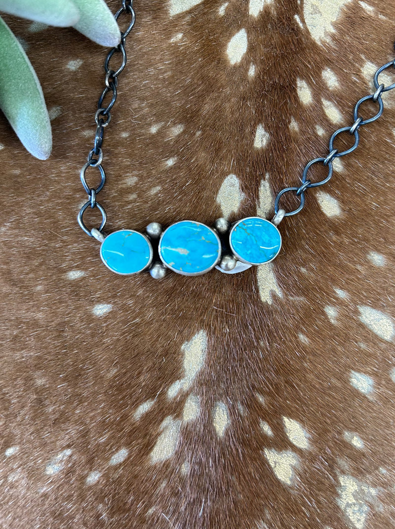 Turquoise 3 Stone Ocean Blue Necklace