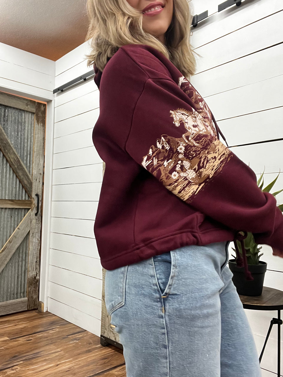 Women's Wrangler Retro® Southwestern Full Zip Hooded Sweater in Burgundy