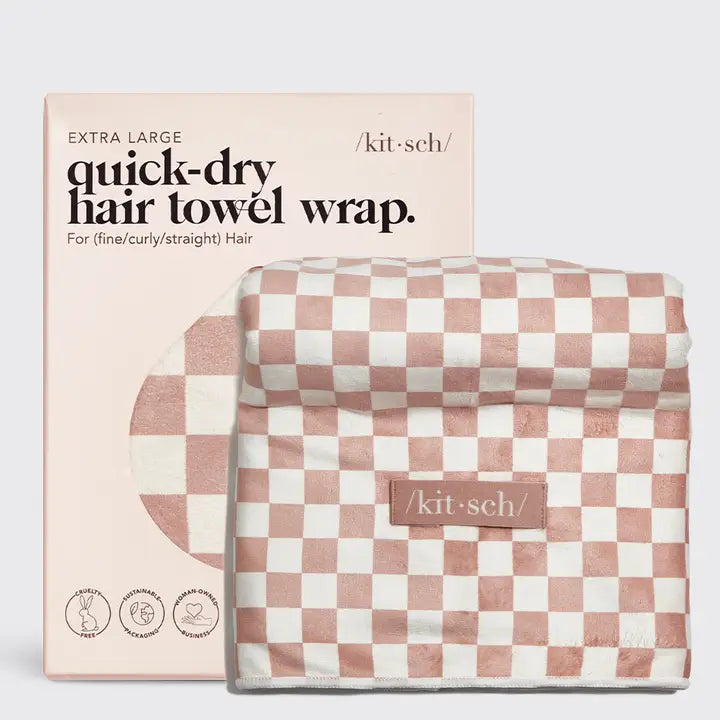 XL Quick Dry Hair Towel Wrap - Terracotta Checker