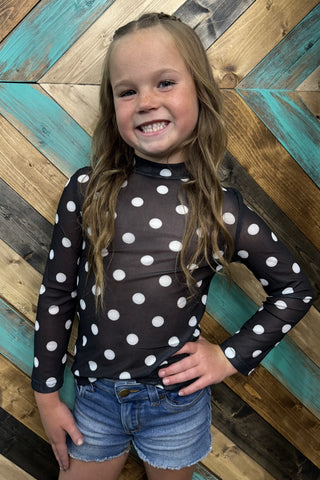 Girls Black & White Polka Dot Mesh Top