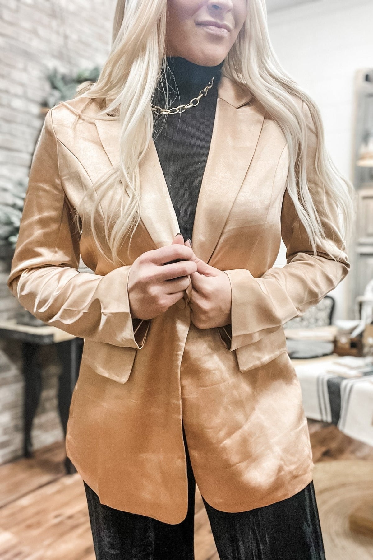 Almond Satin Single Button Blazer - Allure Boutique WY