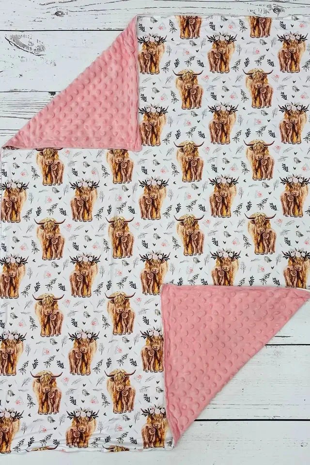 Baby Pink Highland Cow & Calf + Flowers Minky Blanket - Allure Boutique WY