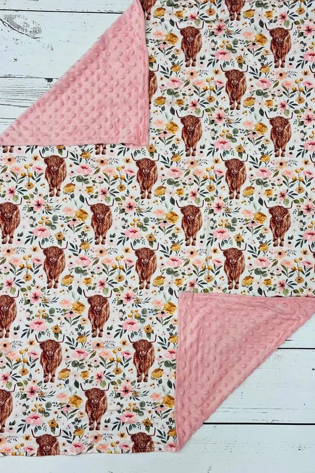 Baby Pink Highland Cows + Flowers Minky Blanket - Allure Boutique WY