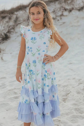 Bella Blue Floral Flutter Sleeve Dress - Allure Boutique WY