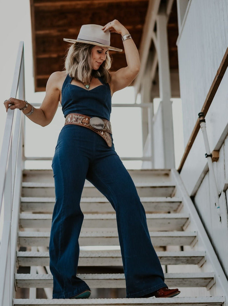 Belted Denim Halter Neck Jumpsuit - Allure Boutique WY