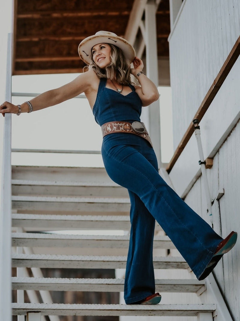 Belted Denim Halter Neck Jumpsuit - Allure Boutique WY