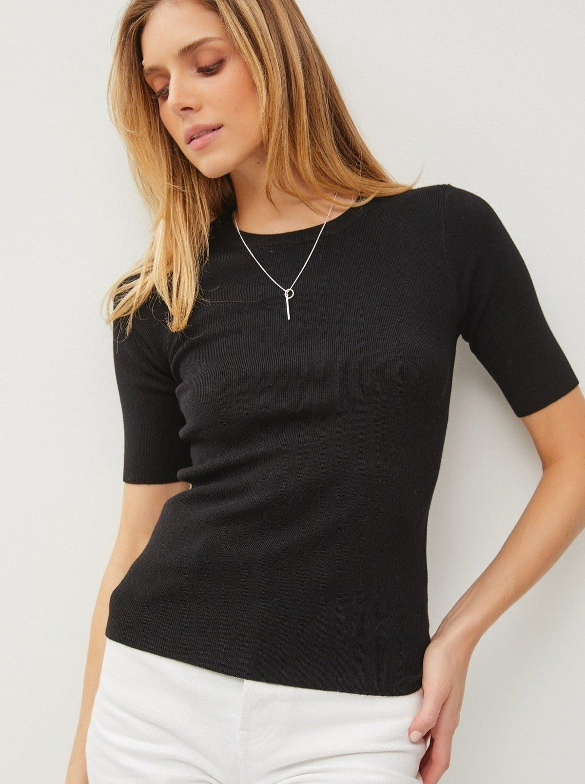 Black Crew Neck Half Sleeve Basic Sweater - Allure Boutique WY