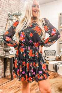 Black Floral Tiered Mini Dress with Sheer Sleeve - Allure Boutique WY