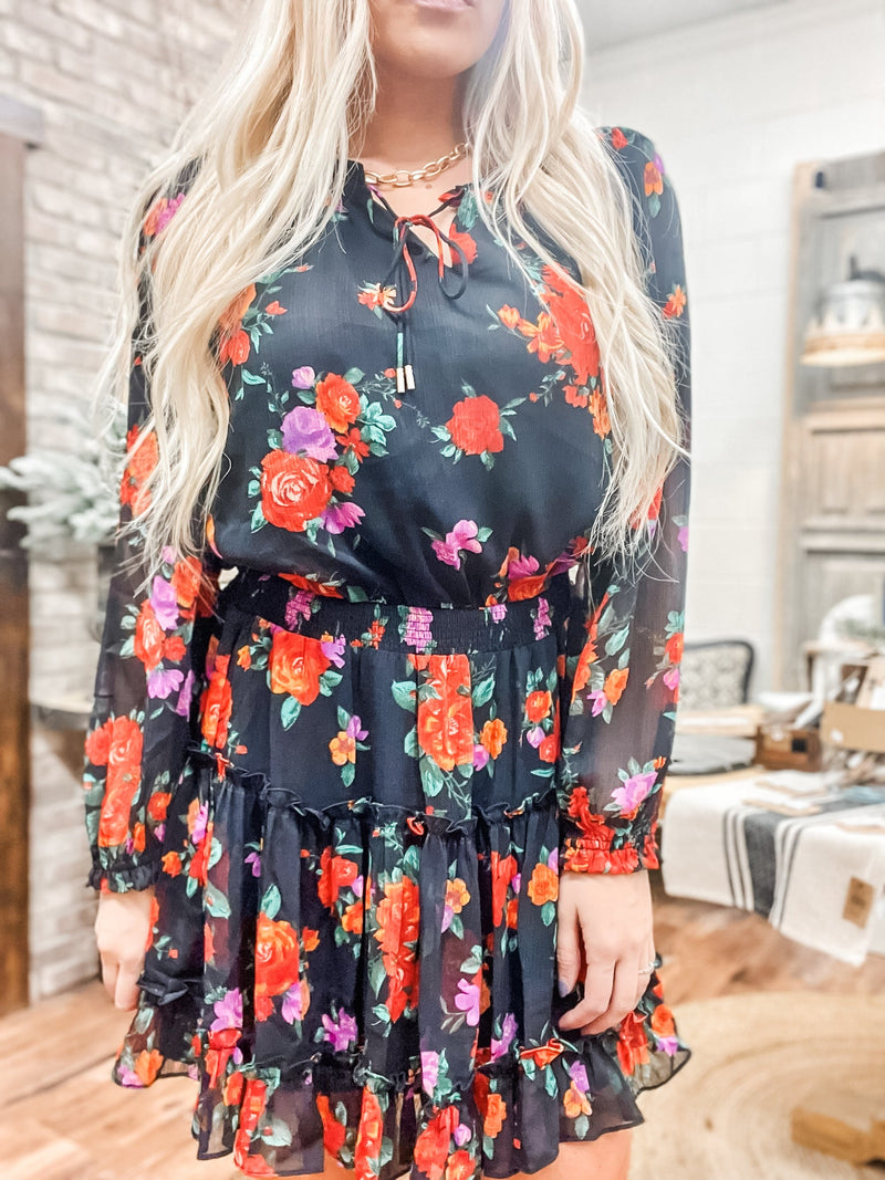 Black Floral Tiered Mini Dress with Sheer Sleeve - Allure Boutique WY