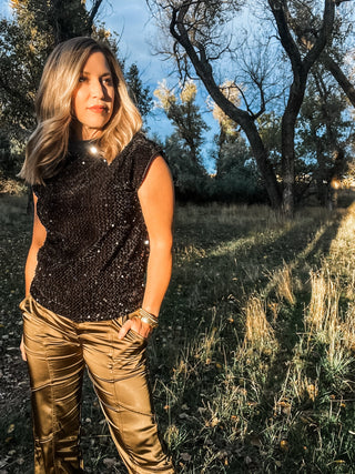 Black Funnel Neck Sequin Top - Allure Boutique WY