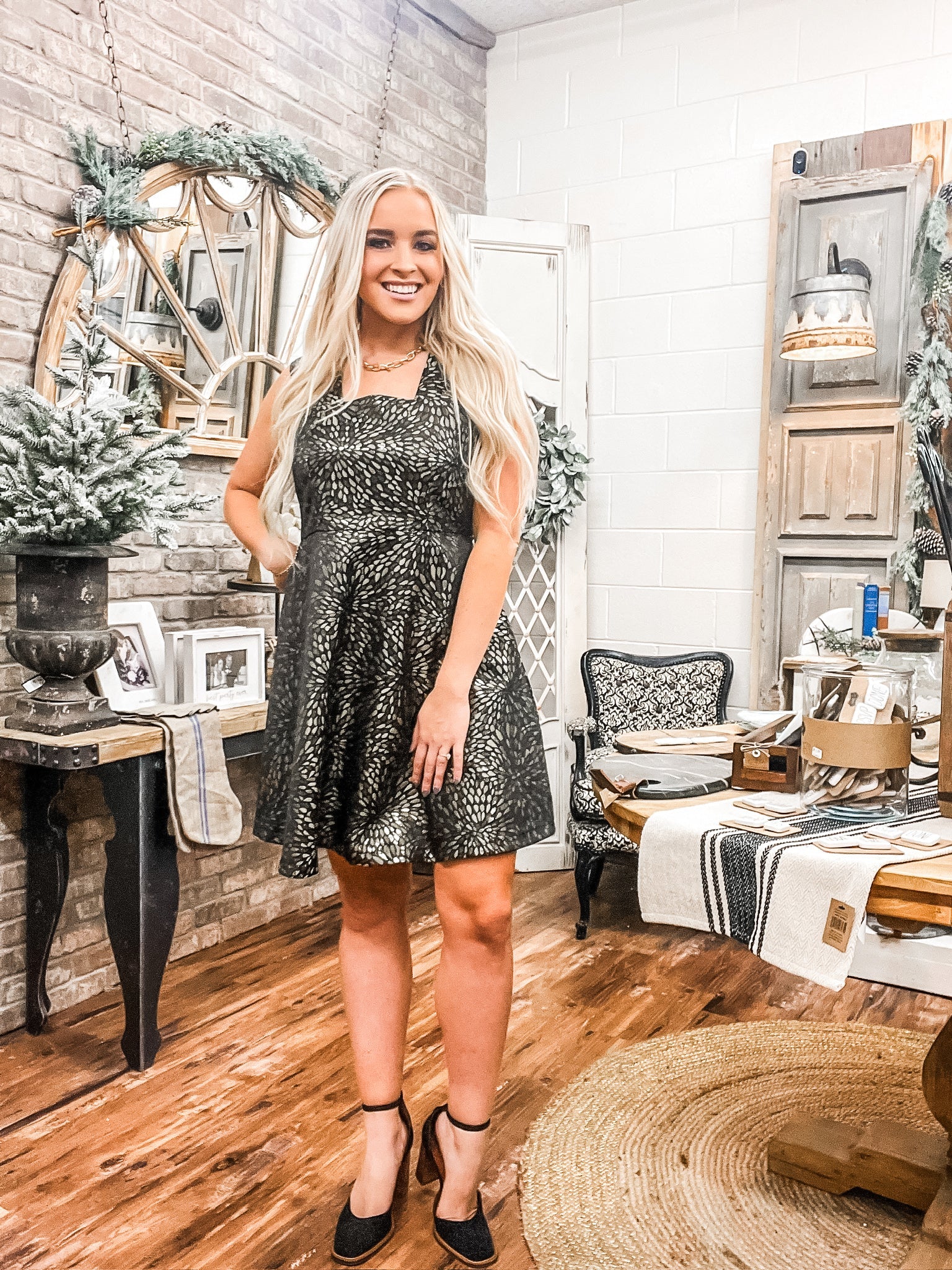 Black & Gold Square Neck Jacquard Mini Dress Allure Boutique WY Black & Gold Square Neck Jacquard Mini Dress Allure Boutique WY