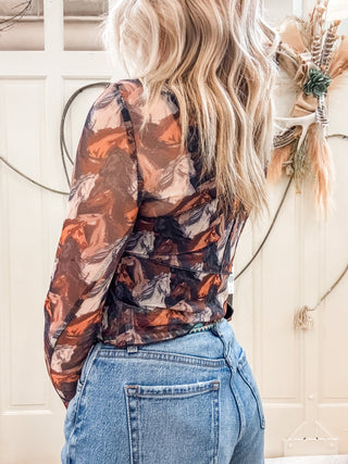 Black Horse Print Mesh Long Sleeve Top - Allure Boutique WY