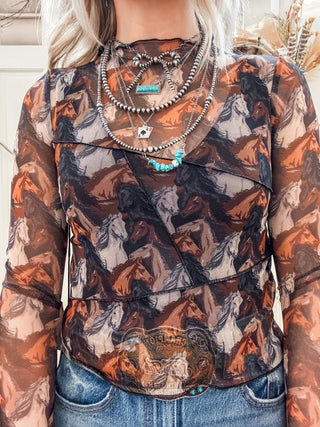 Black Horse Print Mesh Long Sleeve Top - Allure Boutique WY
