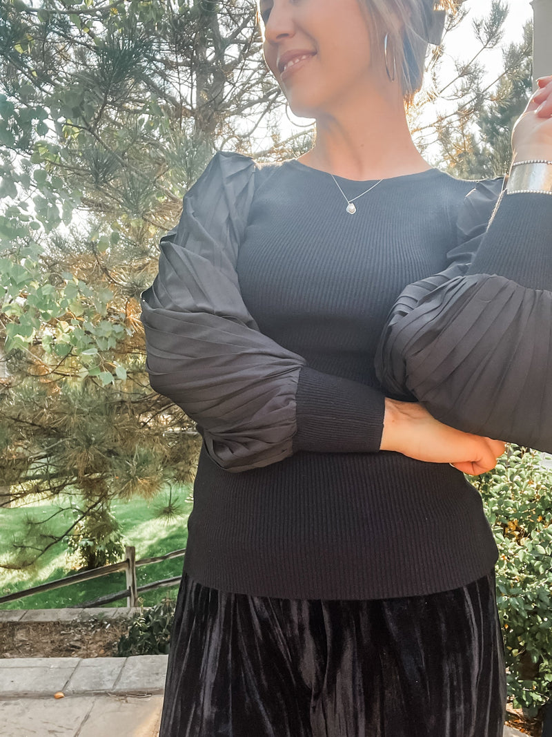 Black Mixed Media Pleated Blouse - Allure Boutique WY