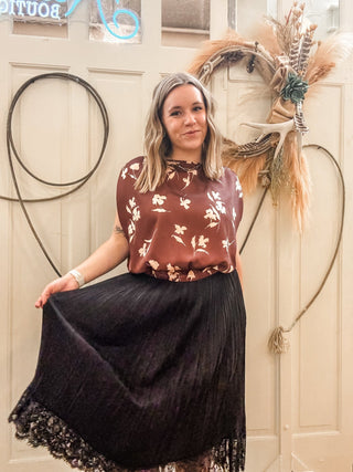 Black Pleated Midi Skirt with Lace Hem - Allure Boutique WY