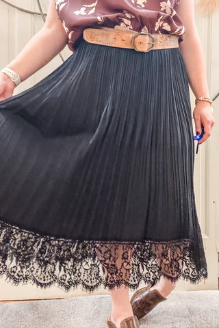 Black Pleated Midi Skirt with Lace Hem - Allure Boutique WY