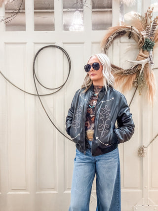 Black Pleather Bomber with Applique - Allure Boutique WY