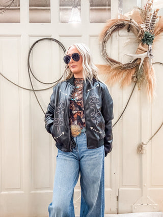 Black Pleather Bomber with Applique - Allure Boutique WY