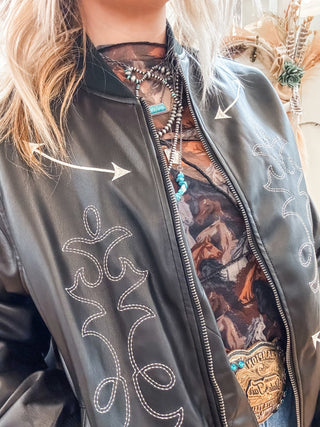 Black Pleather Bomber with Applique - Allure Boutique WY