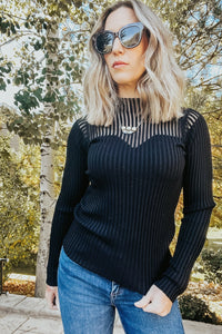 Black Ribbed Mock Neck Sweater with Fishnet Bust - Allure Boutique WY