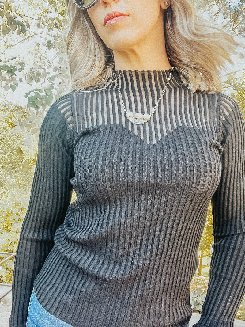 Black Ribbed Mock Neck Sweater with Fishnet Bust - Allure Boutique WY