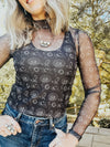 Black Western Print Mesh Top - Allure Boutique WY