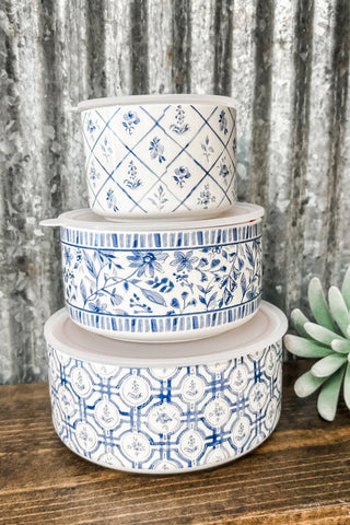 Blue Floral Serving Container Set - 3 - Allure Boutique WY