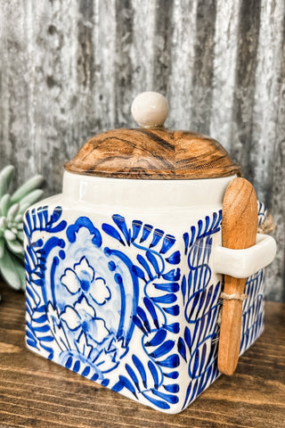 Blue Floral Stoneware Canister with Spoon - Allure Boutique WY